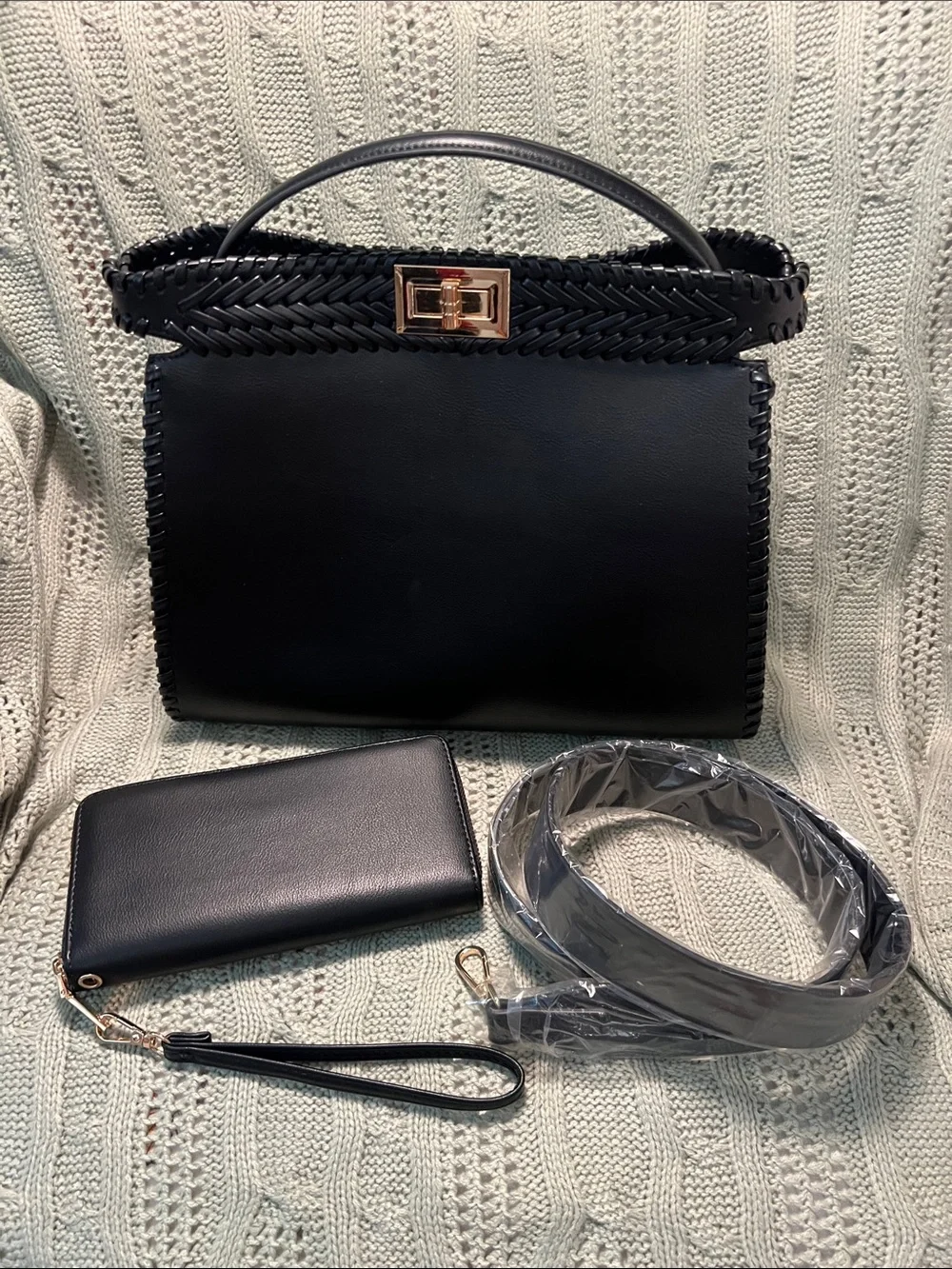 New Black Women's Top-Handle Woven Accent Bag with Wallet and Strap.